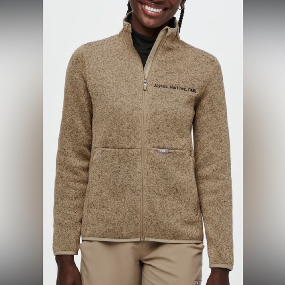 Sweater Knit Figs Jacket in limited edition color Heather Latte.